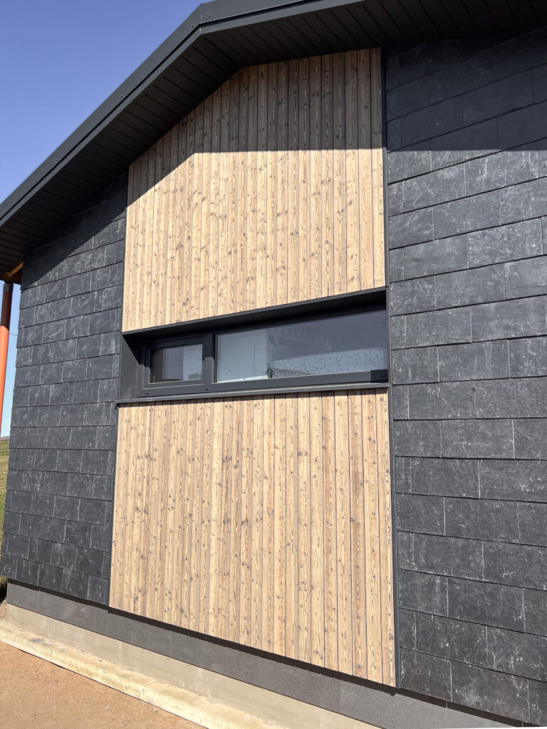 Modernus namo fasadas su langais.