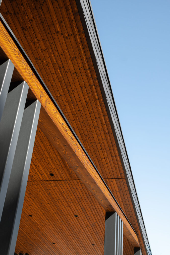 Terasos pastogės apkalimai degintos medienos dailylentėmis ir horizontali deginta kolona su metalinėmis kolonomis – modernus architektūrinis sprendimas